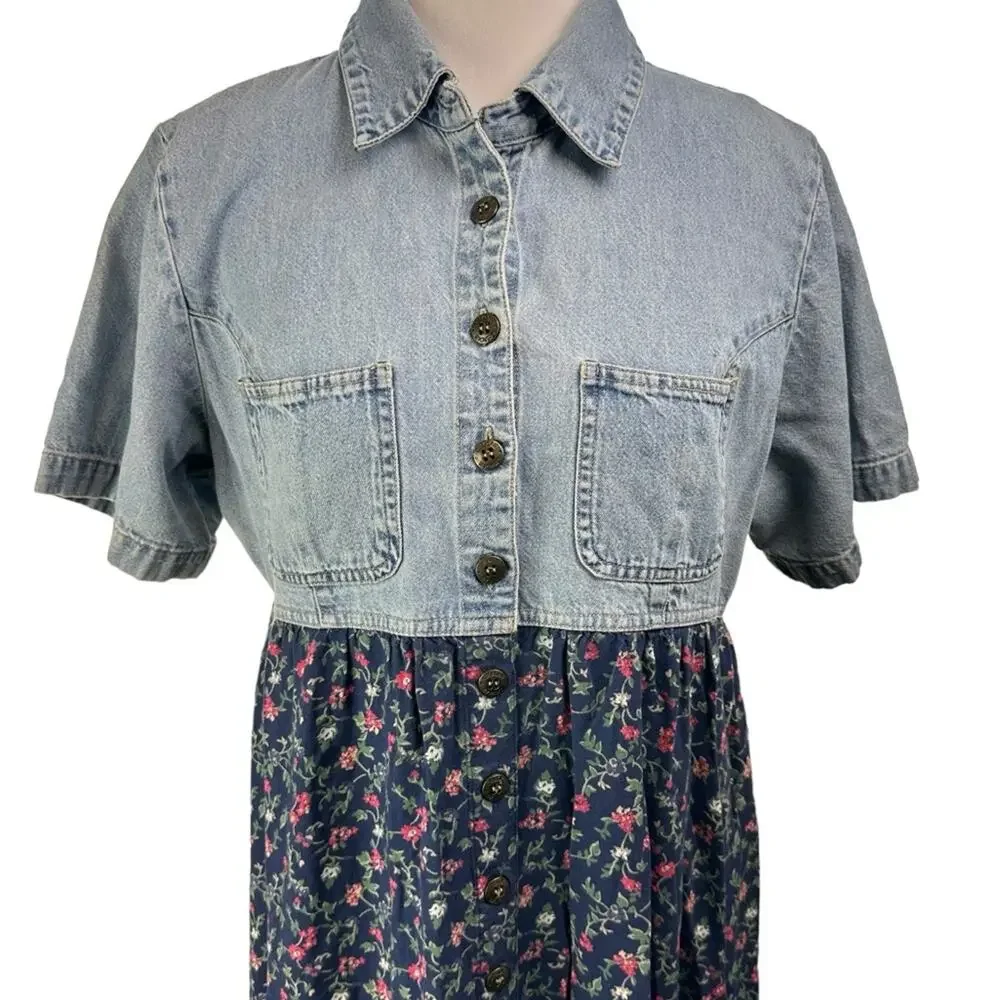 Vintage Cherokee Button Front Dress Denim Cotton Floral Size Large Blue - Picture 2 of 7